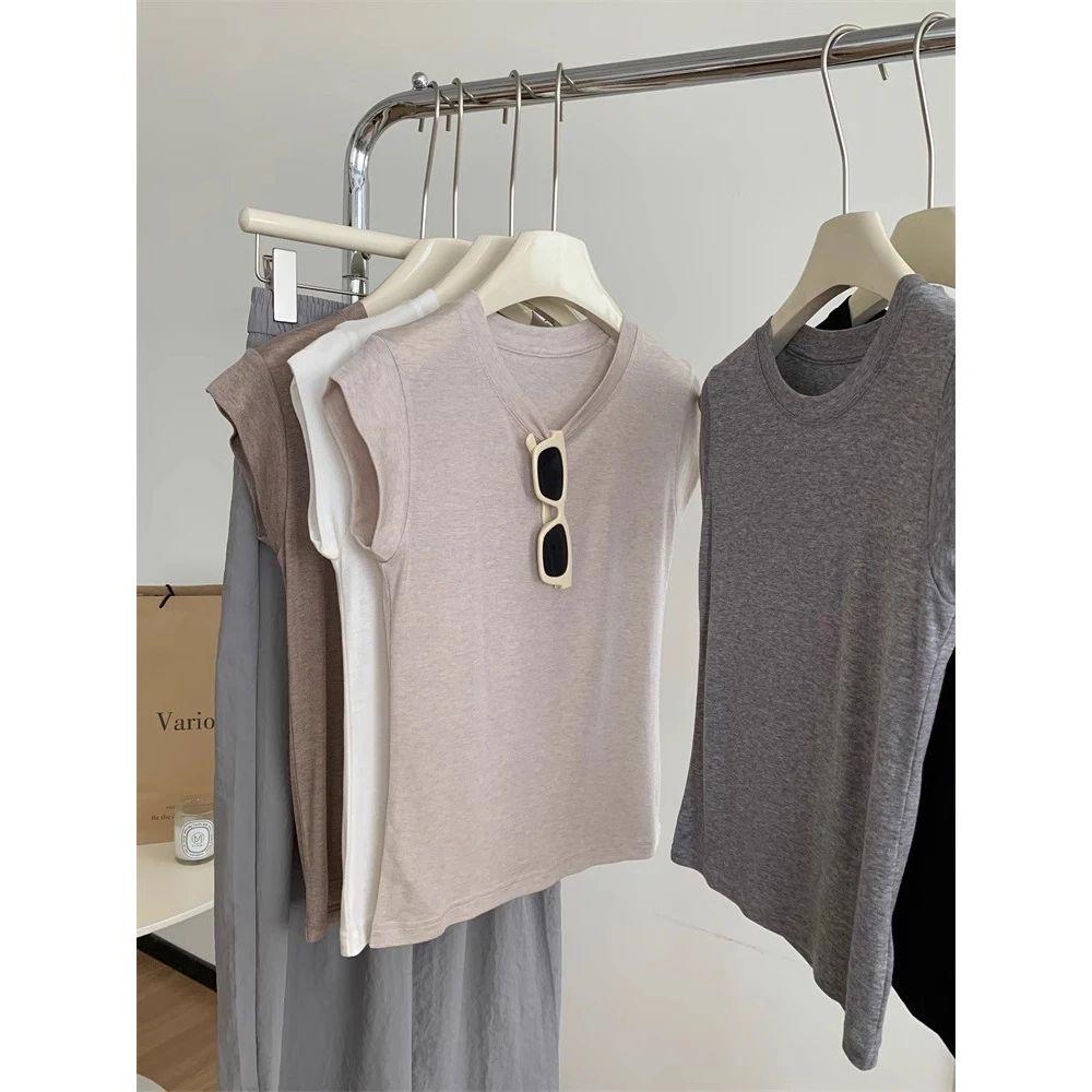 真心推荐这款~轻薄舒适纯棉无袖正肩T恤女夏季修身小飞袖短款上衣