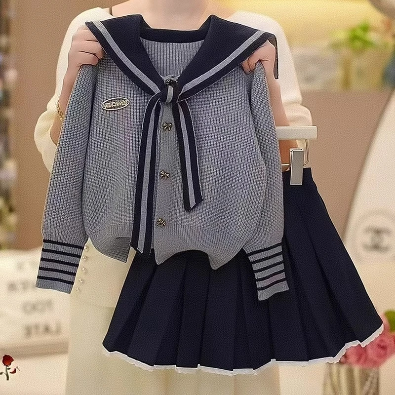 女童套装春秋季2025新款洋气儿童学院风针织外套女孩春装百褶裙潮