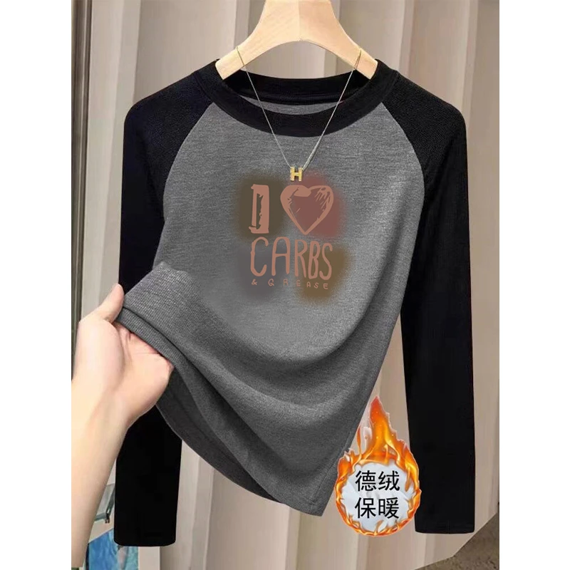 2025新款德绒小众撞色圆领正肩长袖t恤女时尚百搭加厚磨毛打底衫