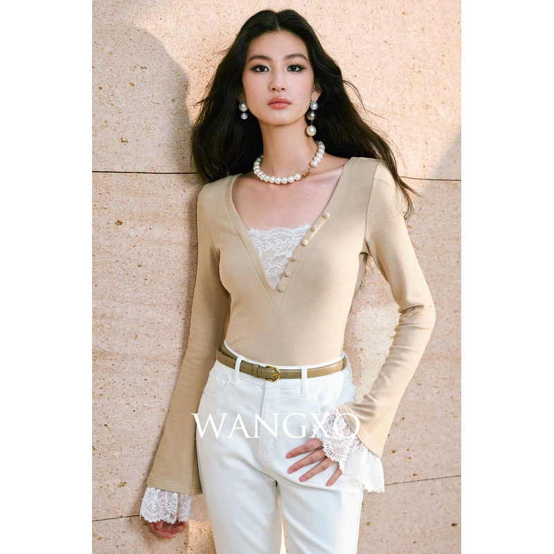 WANGXO 慕斯蕾丝针织上衣  2501231W