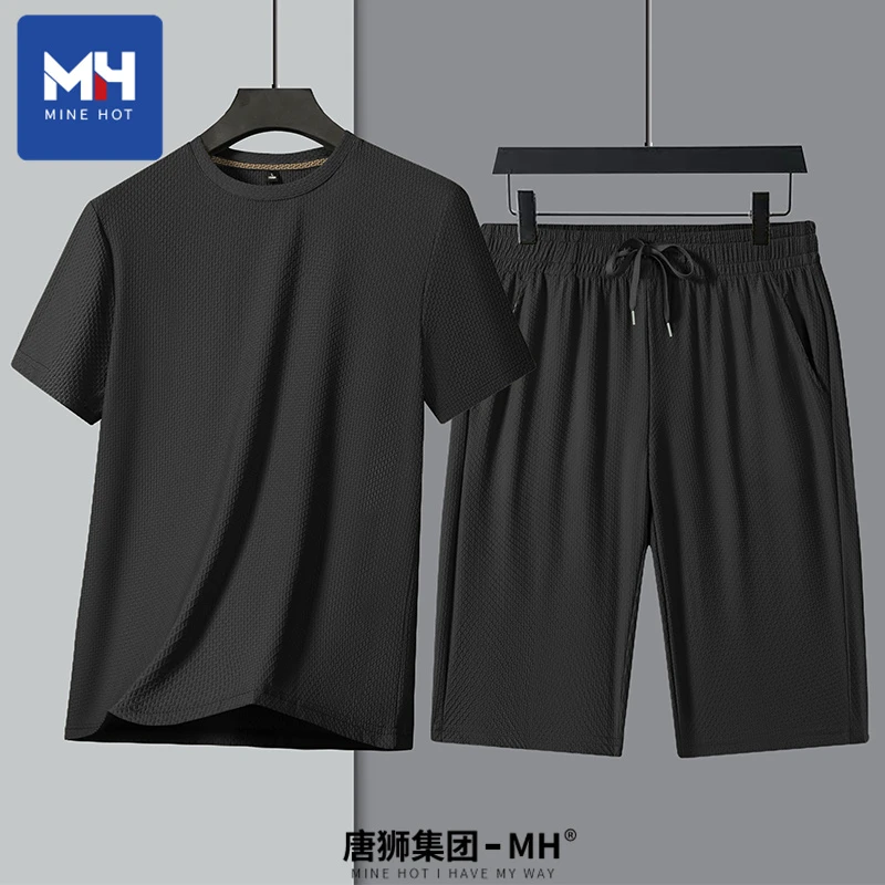 MH/唐狮集团短裤套装2025夏季冰丝薄款中老年休闲裤短袖T恤两件套