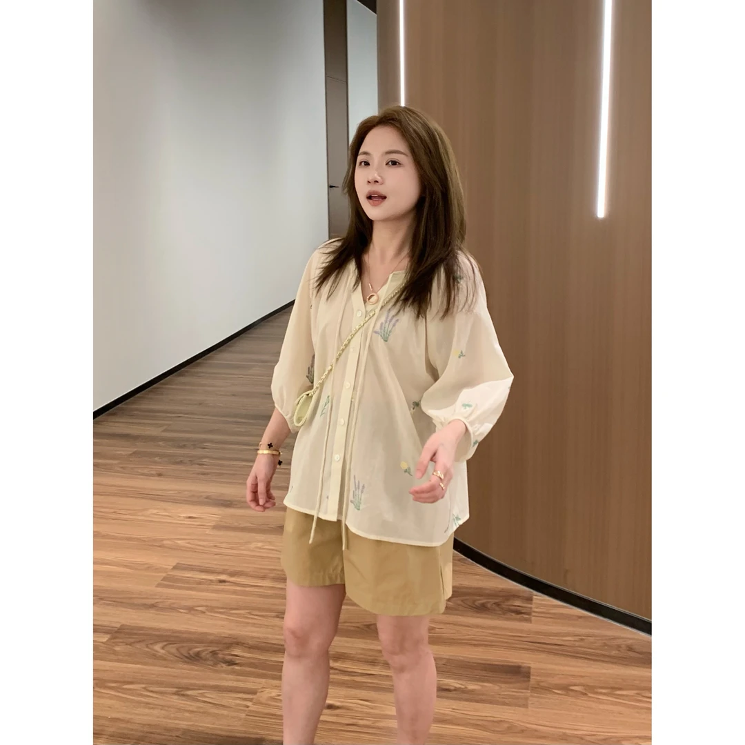 YO定制韩系减龄薄款系带刺绣衬衫夏季气质时髦百搭宽松衬衣小衫