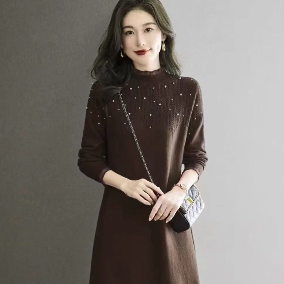 2025新款气质钉珠蕾丝连衣裙秋冬洋气中长款半高领打底衣裙针织衫