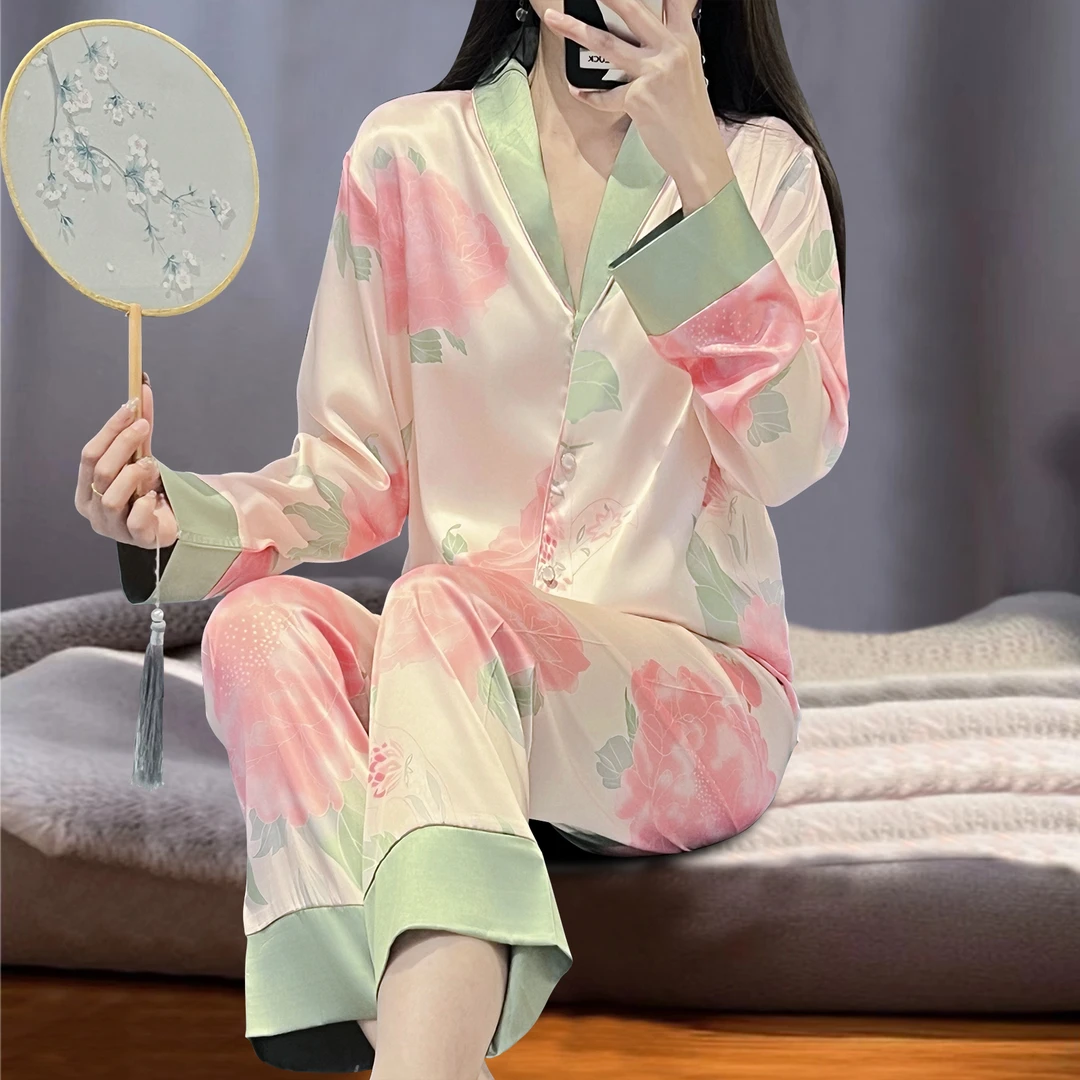 春秋两件套装女新款睡衣可外穿绸冰丝水光印花夏季长袖100%家居服