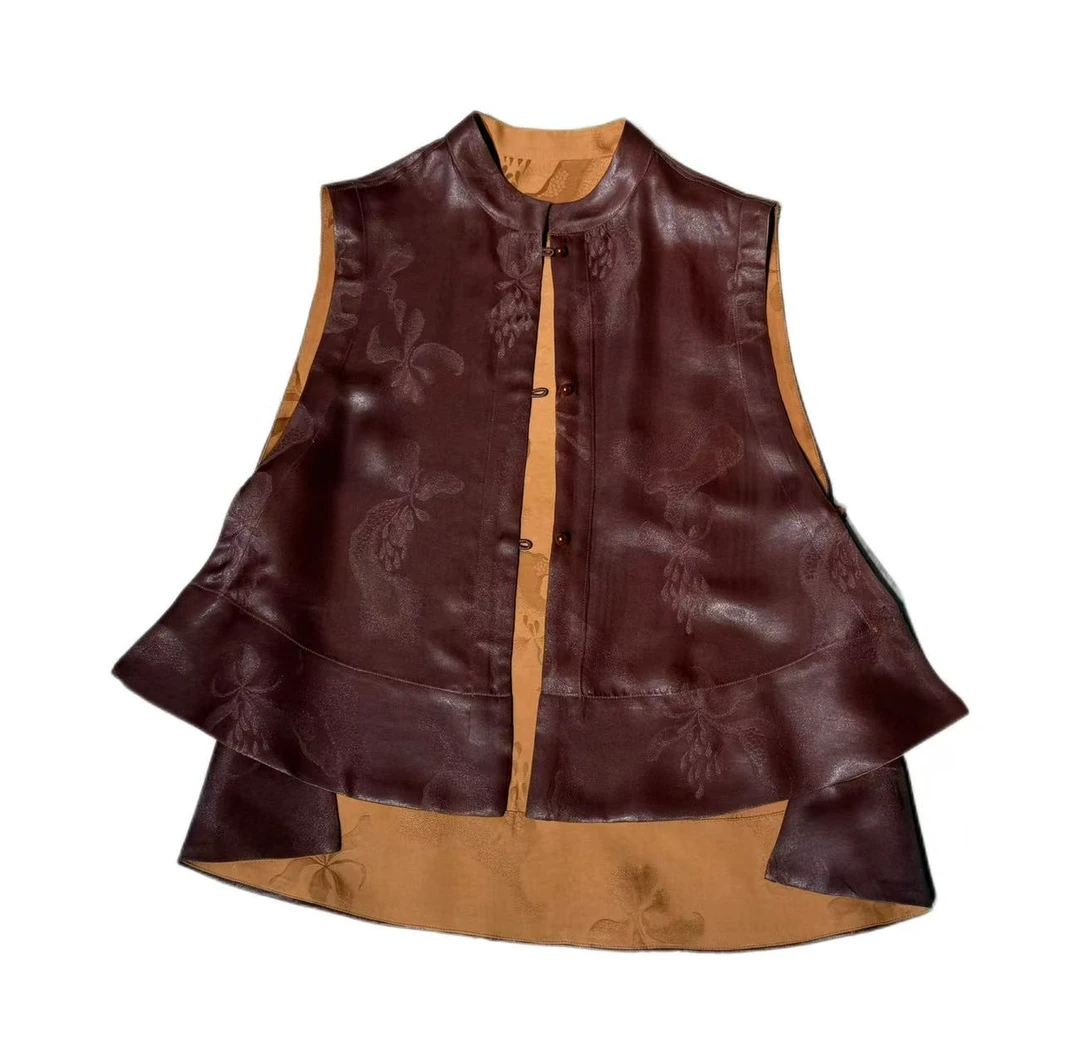 【凤翎百合马甲】桑蚕丝红云纱50姆米双面双穿无袖马甲