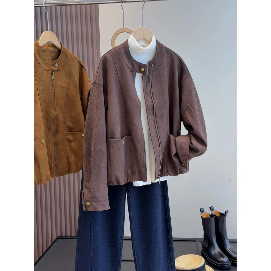 麂皮绒保暖韩版时尚立领显瘦美拉德风休闲短款夹克外套女潮