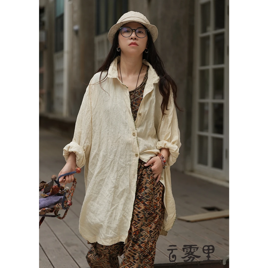 云雾里 5210#原创设计复古文艺松弛感随性宽松绣花亚麻混纺长衬衫