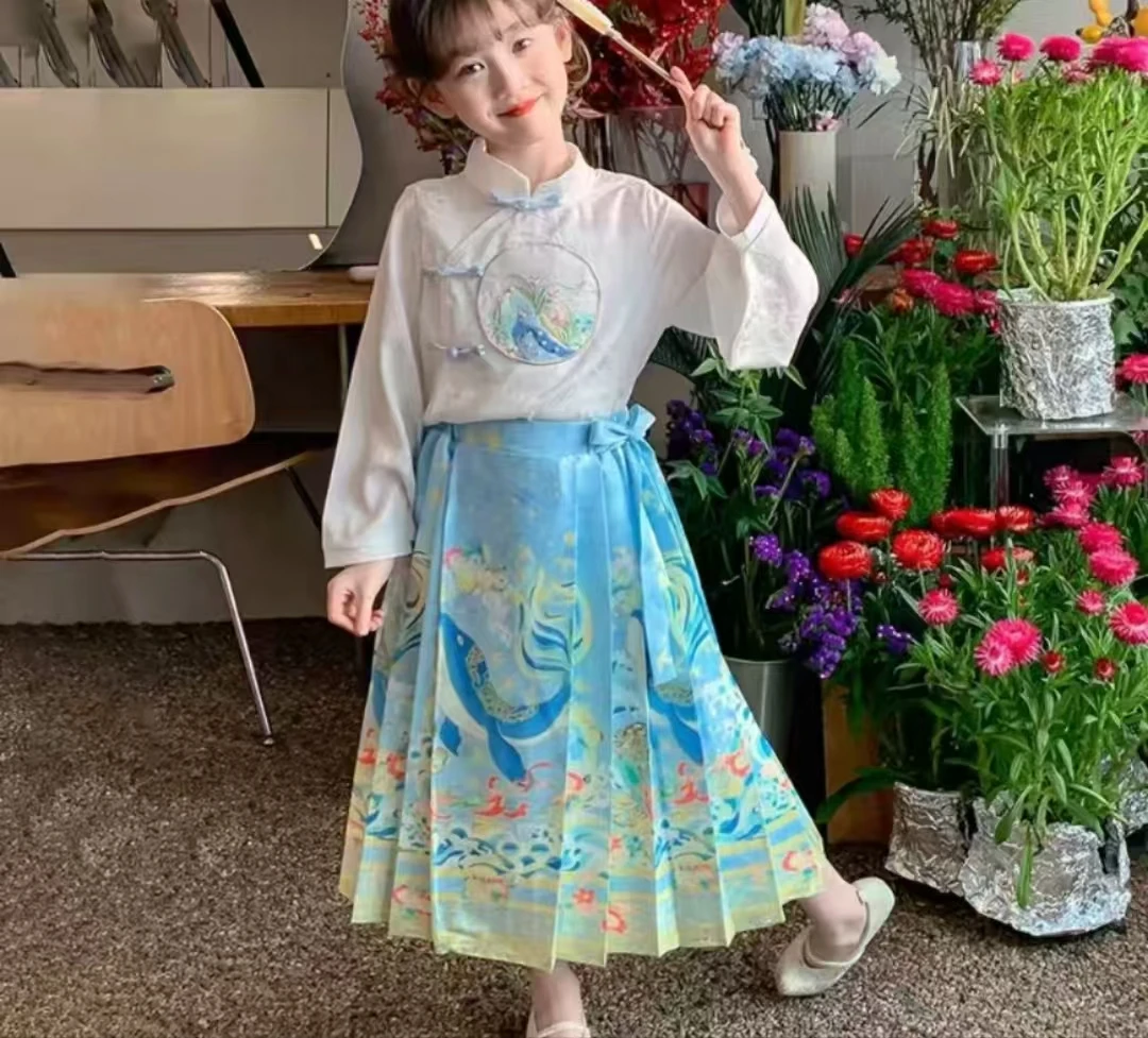【自营｜缎面马面裙 国风两件套】女童春夏款汉服套装0225010