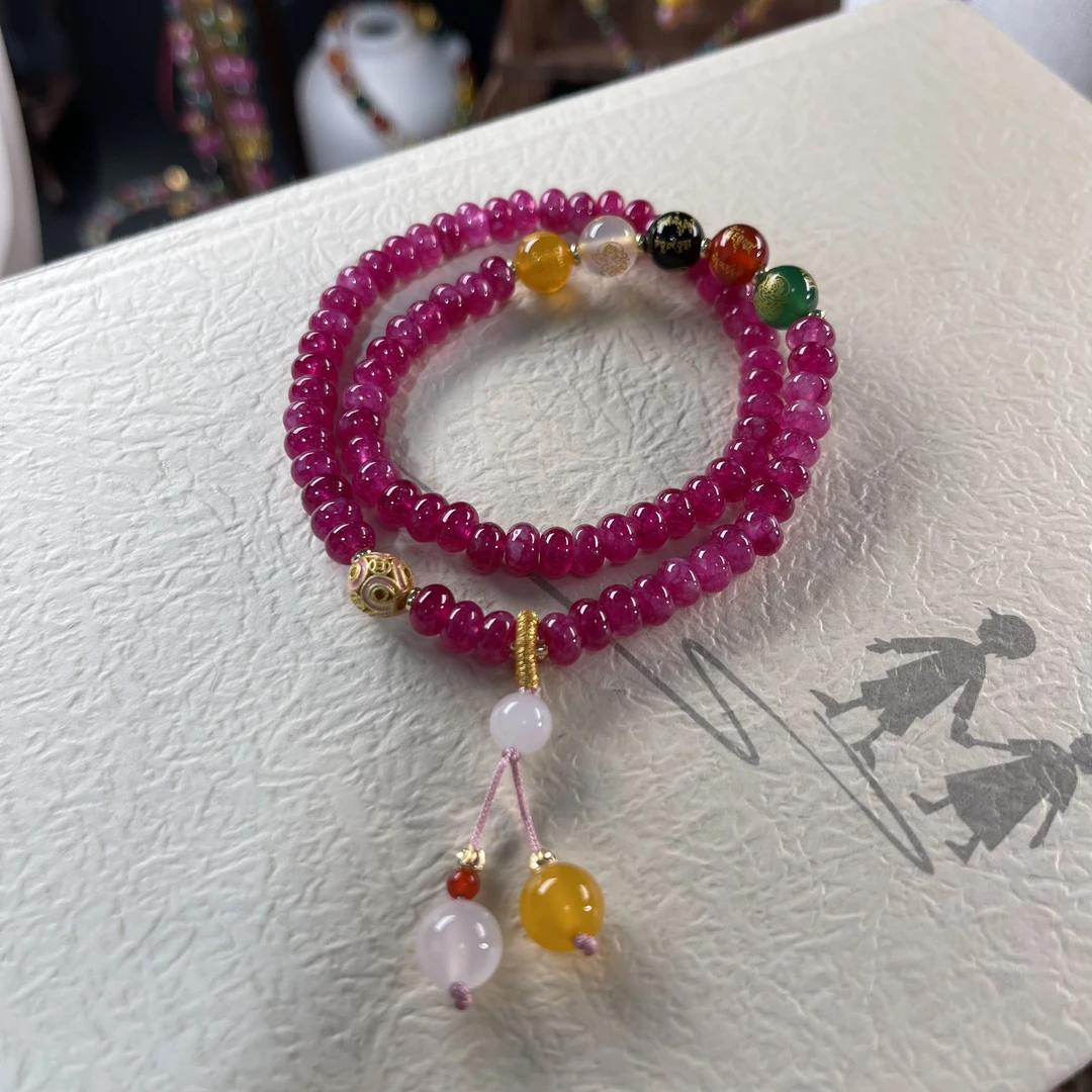 酱紫红碧算盘珠（4*6mm）五路财两圈手串设计款