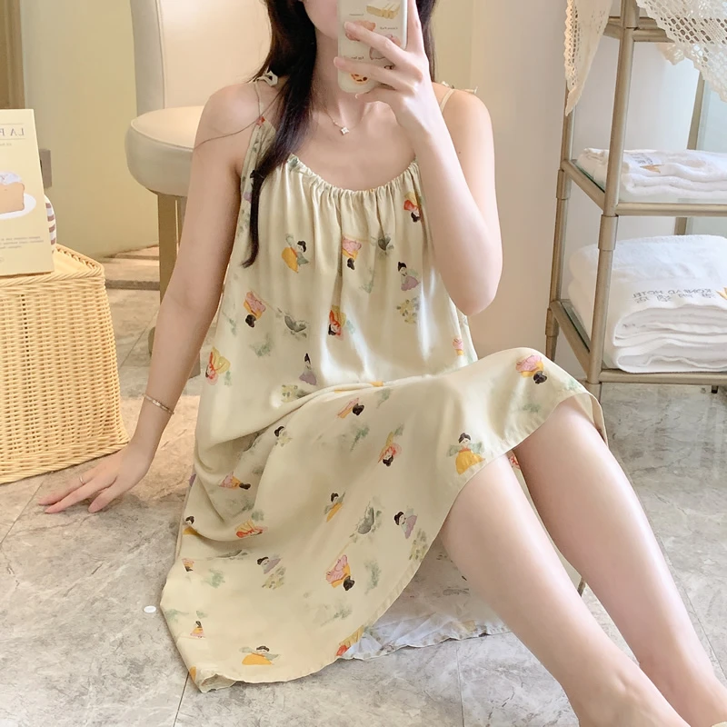 吊带睡衣女夏季棉绸少女睡裙绵绸连衣裙性感人造棉睡连衣裙可外穿