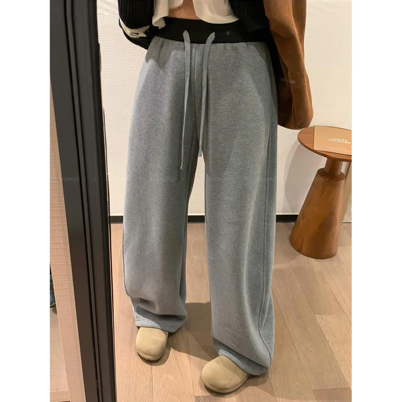 加绒灰色抽绳阔腿裤2025秋冬女士裤子直筒宽松休闲裤运动卫裤潮
