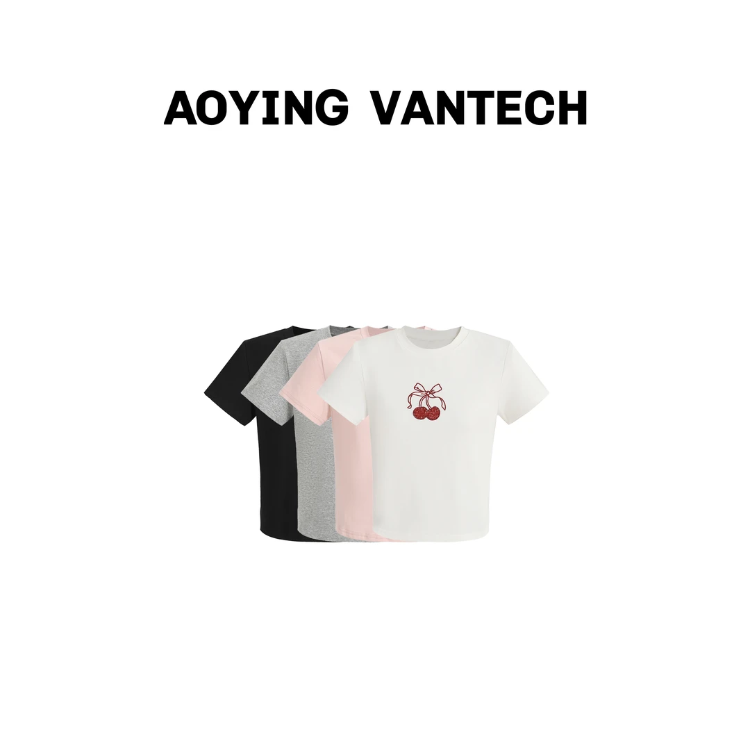 AOYING VANTECH澳莹万特 樱桃亮片蝴蝶结刺绣正肩T恤AYWT202496