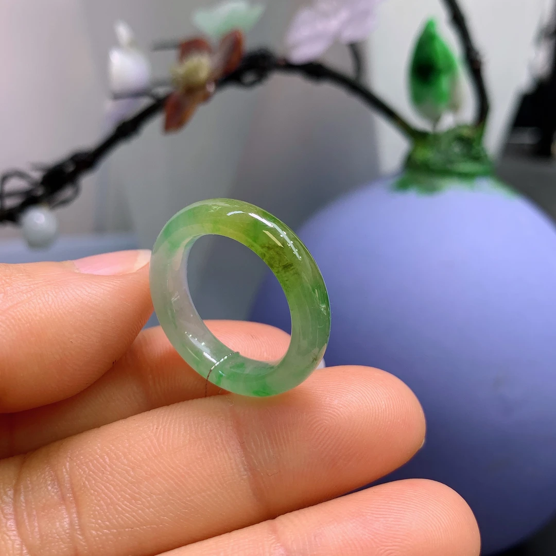 15-16圈口缅甸天然翡翠A货冰润黄加绿戒指A862#