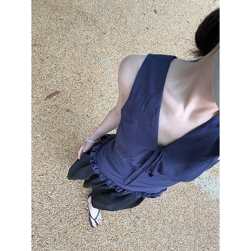 木耳边v领小上衣修身绑带背心中长款百搭半松紧腰蓬蓬裙伞裙子女