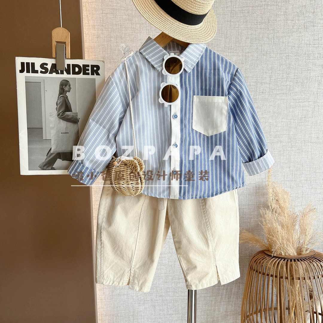 啵小爸【线条波纹】2025春季男童韩系休闲假两件条纹拼接两件套