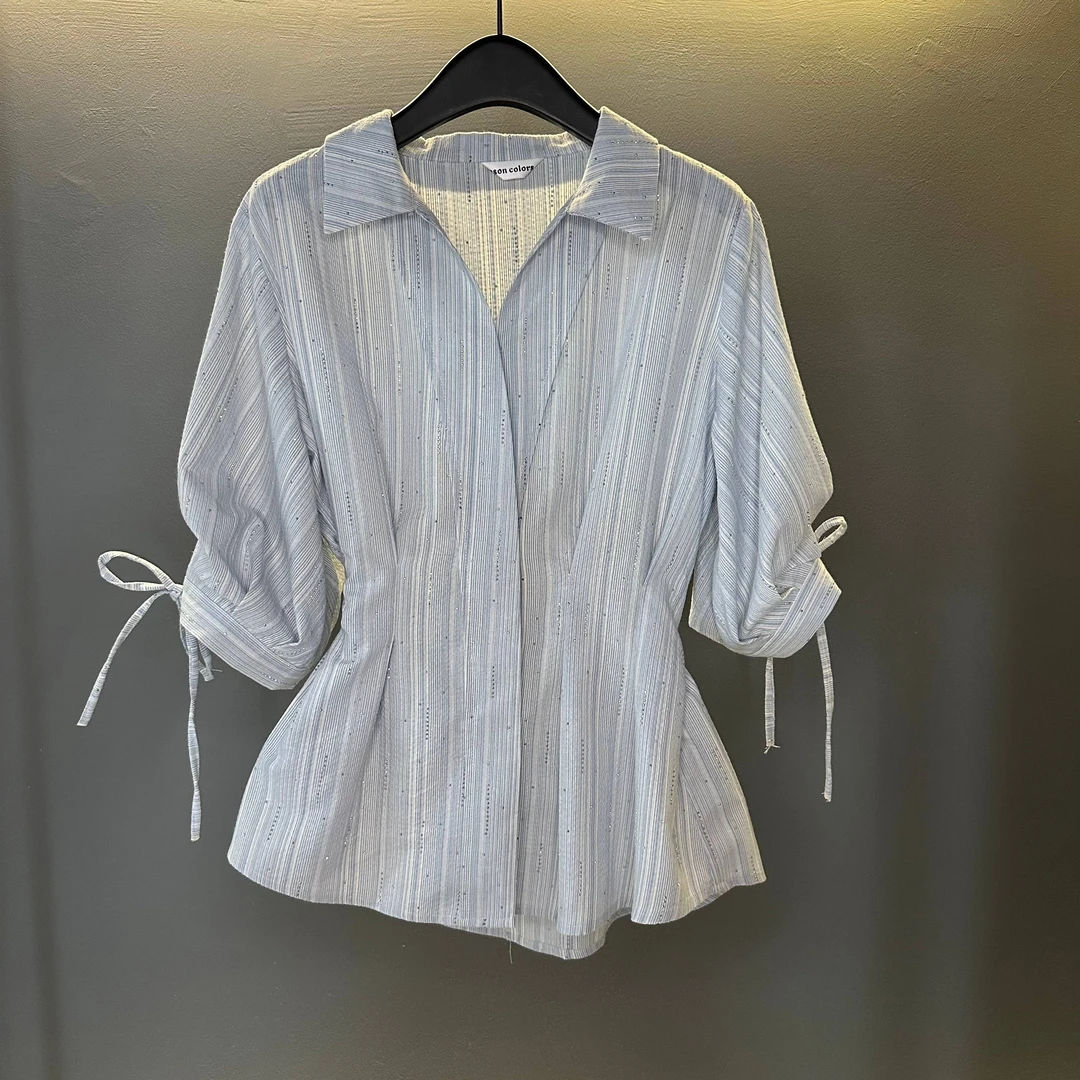 【Jasoncolors】法式条纹V领泡泡蝙蝠袖衬衫夏季新款高级感时尚显瘦