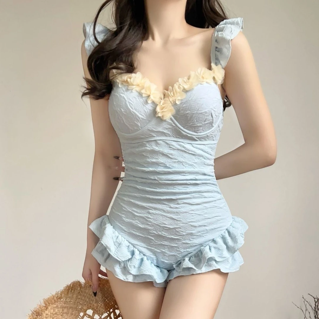 2025新款奶乎乎baby蓝连体游泳衣女保守纯欲风遮肉显瘦聚拢泡温泉