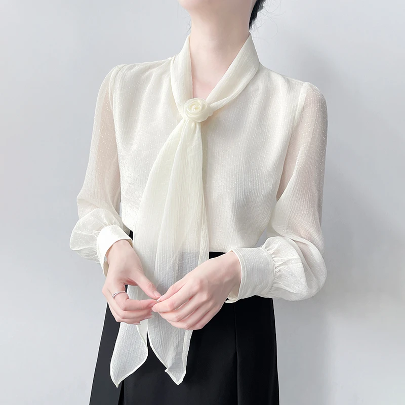 Q608优雅温柔风飘带雪纺衬衫女春季薄款通勤气质衬衣宽松显瘦上衣