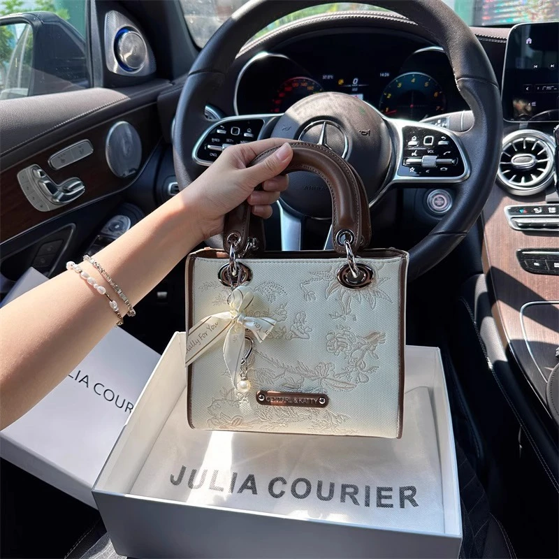 Julia Courier女包撞色绣花戴妃包女2025新款通勤单肩斜挎小方包