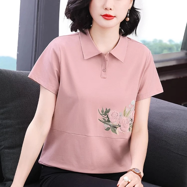 妈妈纯棉POLO衫翻领短袖t恤女有领上衣中年夏装绣花半袖大码体恤