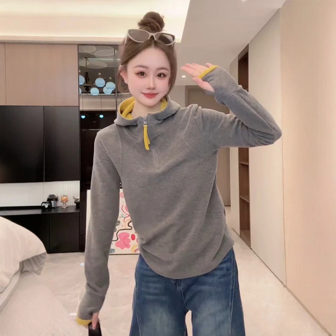 韩系撞色半拉链连帽卫衣女2025秋冬新款设计感时尚洋气显瘦打底衫