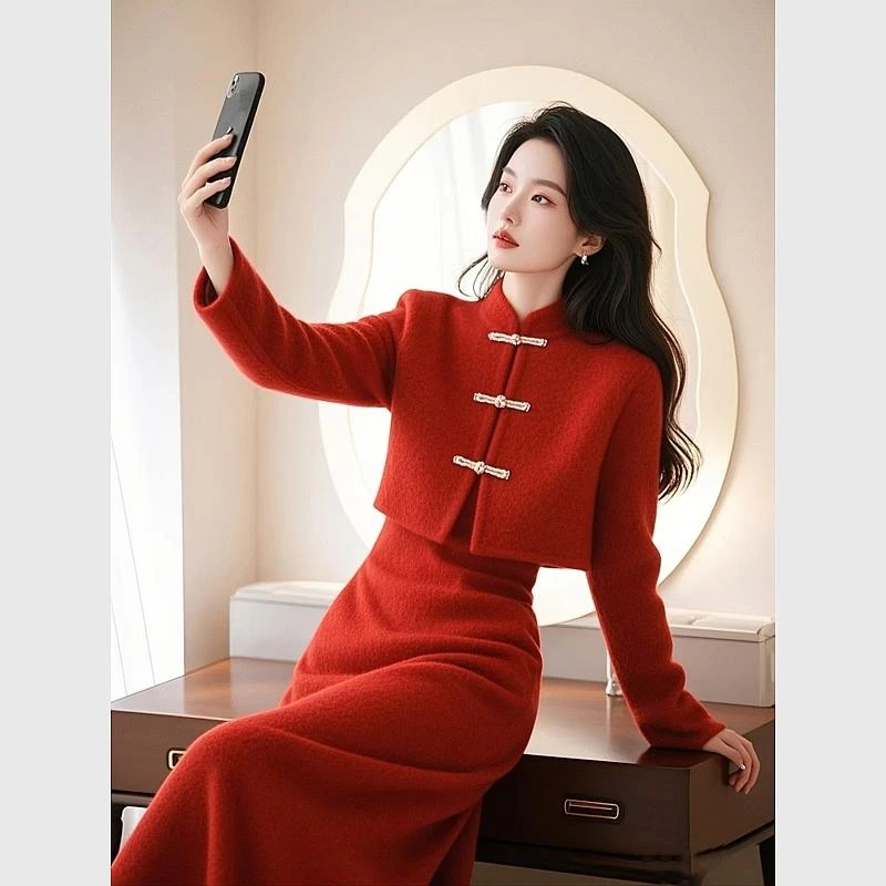 新中式冬装搭配一整套女过年红色外套裙子气质小香风针织套装女潮