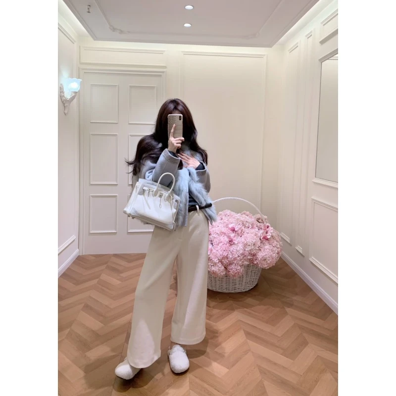 名媛高级感时髦纯色外套秋冬高级感气质休闲马甲宽松阔腿长裤套装