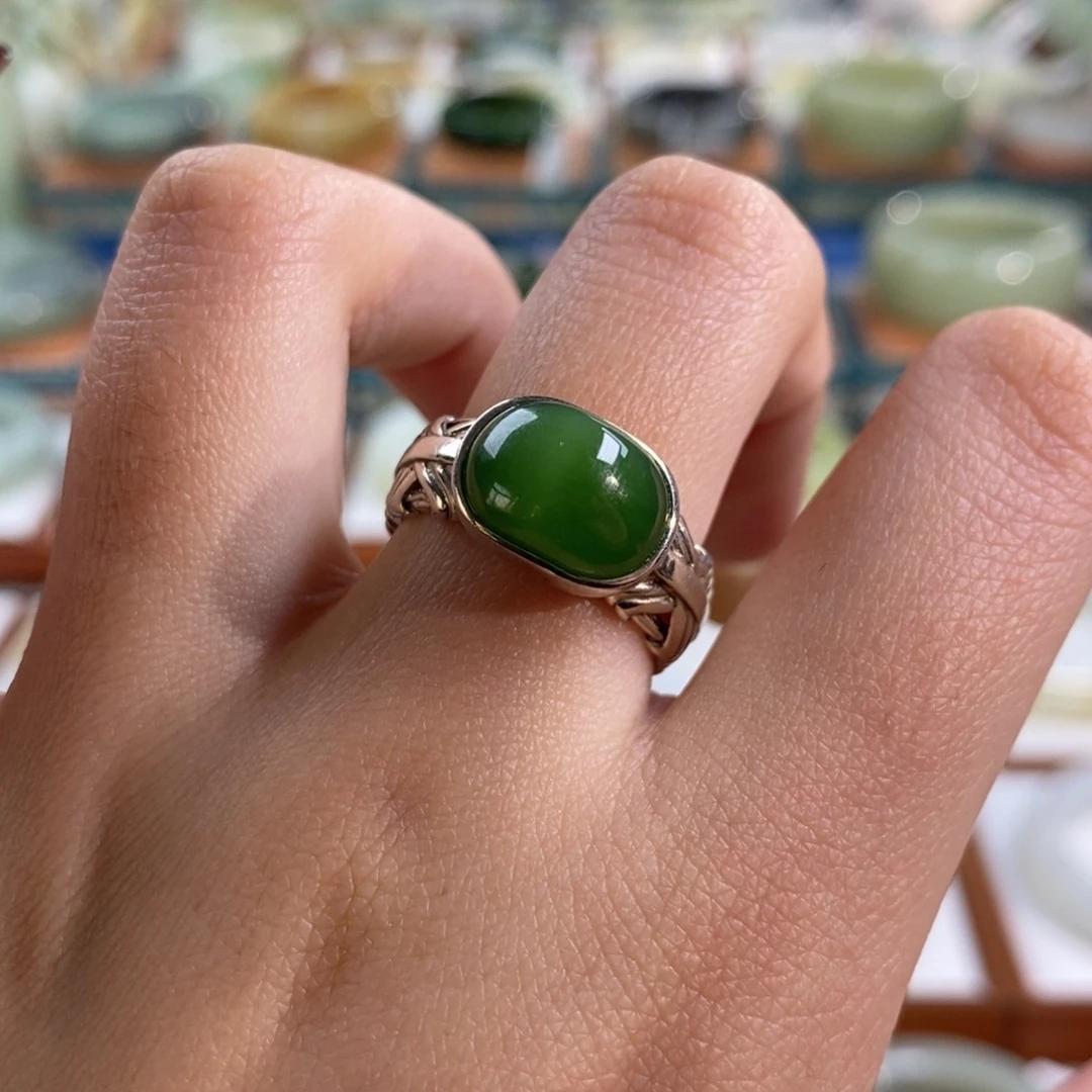 和田玉银S925镶嵌手镯碧玉绿猫戒指