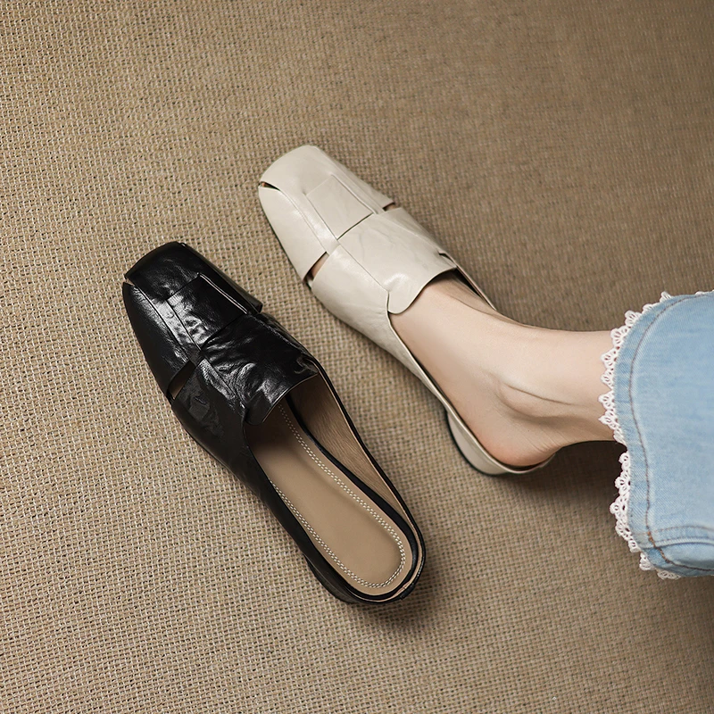 羊皮包头外穿夏季穆勒鞋粗跟方头休闲鞋百搭凉鞋通勤罗春方头粗跟