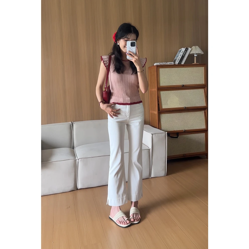 白色-夏季薄款九分喇叭裤女高腰蓝色喇叭裤透气舒适