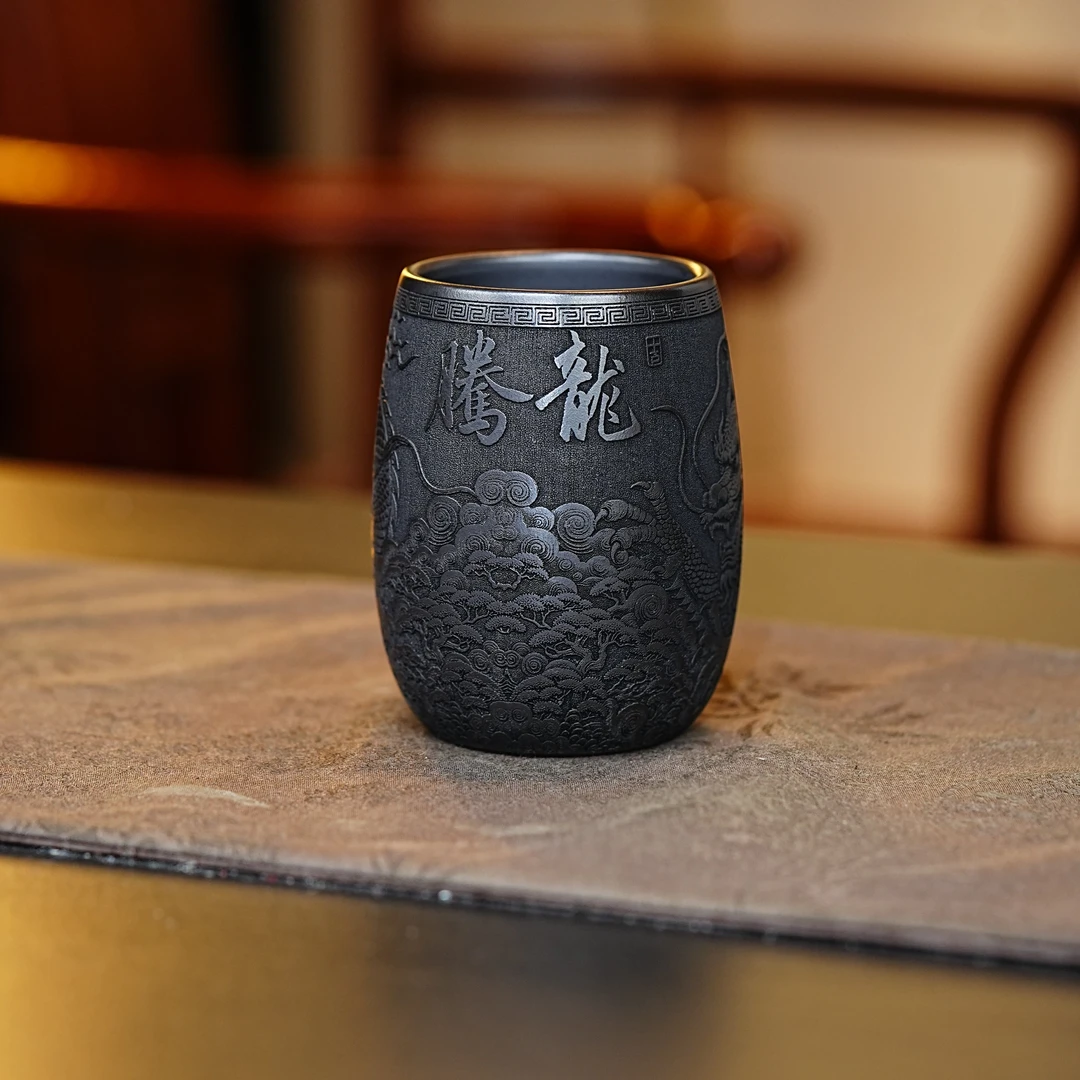 宜兴原矿石黄茶具 全手工刻绘腾龙高端紫砂主人杯