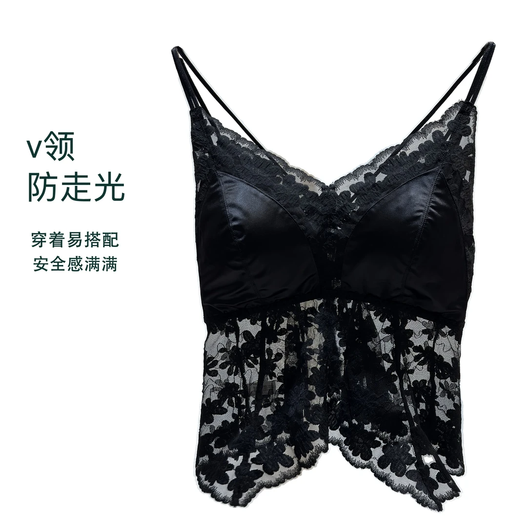 【豆豆】薄款横抹防走光蕾丝吊带美背吊带无钢圈文胸一体女士内衣