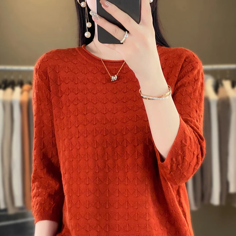 精仿针织小圆领重工钩花五分袖女是短袖小雨伞T恤