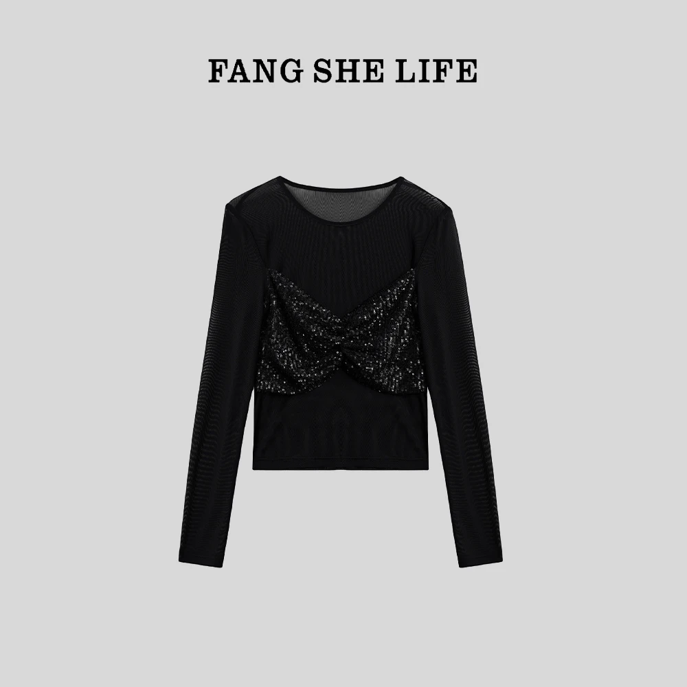 FS LIFE【黑玫瑰】圆领网纱亮片拼接假两件微透长袖T恤A3079