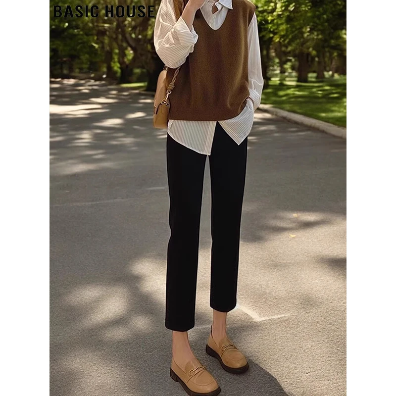 Basic House/百家好黑色九分烟管牛仔裤女2025秋季新款高腰直筒裤