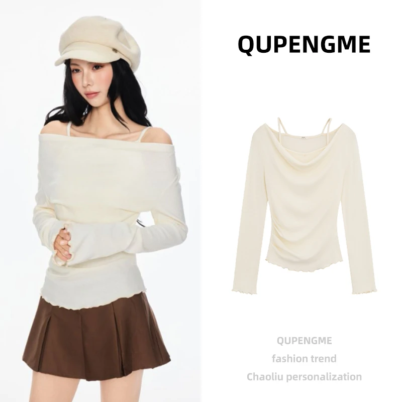 QUPENGME韩系甜美打底衫女春季收腰不规则一字肩针织打底上衣