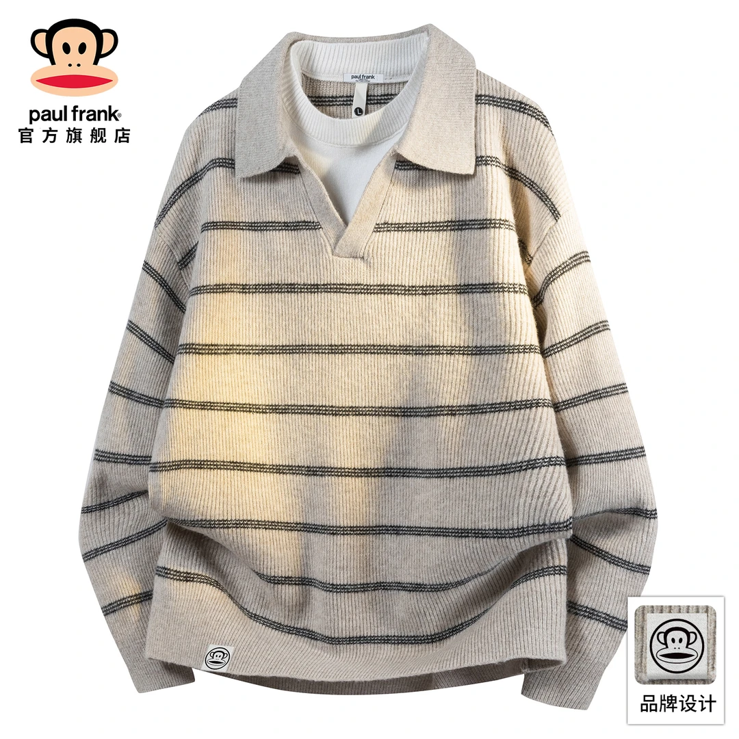 PaulFrank/大嘴猴简约条纹翻领毛衣男冬季新款宽松休闲保暖针织衫