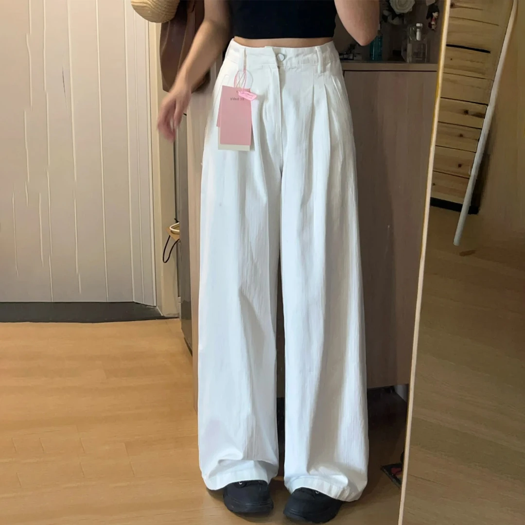 白色肌理感直筒牛仔裤女早秋穿搭新款大码高腰宽松显瘦休闲阔腿裤