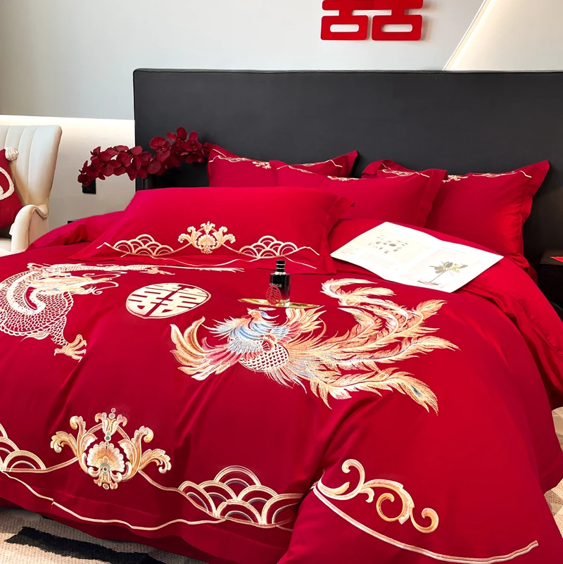 大红四件套中式结婚绣花加厚婚庆被罩喜被四件套陪嫁刺绣婚被