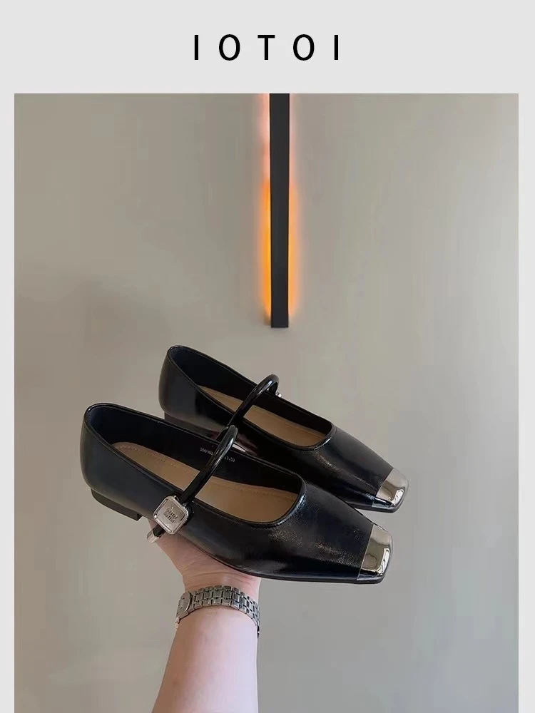 12-20 法式一字带单鞋女春新款金属方头浅口平底玛丽珍鞋