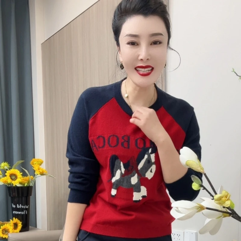 9860针织宽松拼接长袖厚款毛针织衫秋季套头休闲提花本命年小马衫