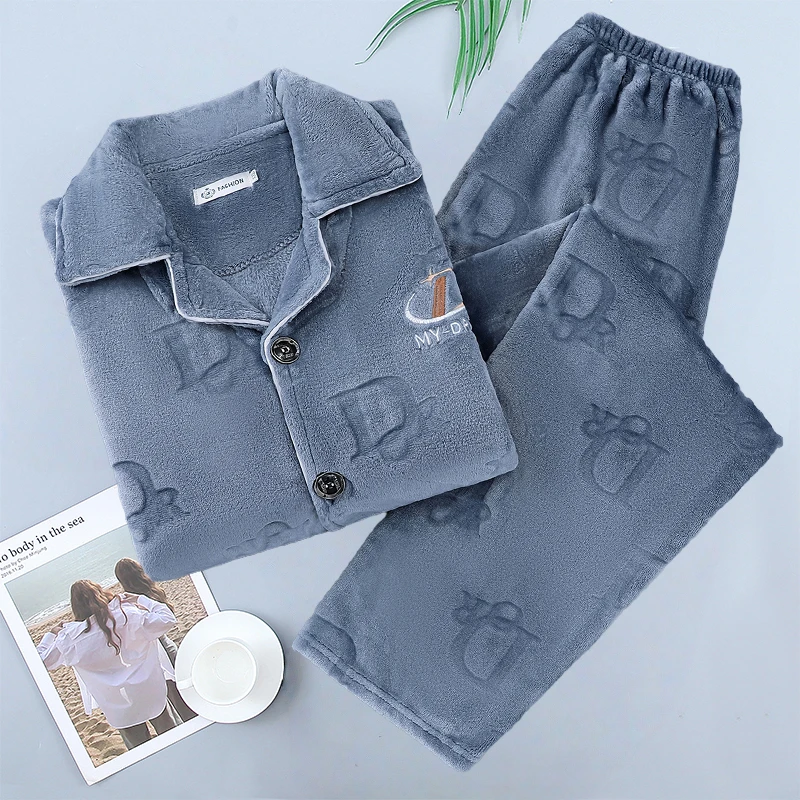 睡衣男冬季加绒加厚法兰绒秋冬款可外穿保暖男士加大码家居服套装