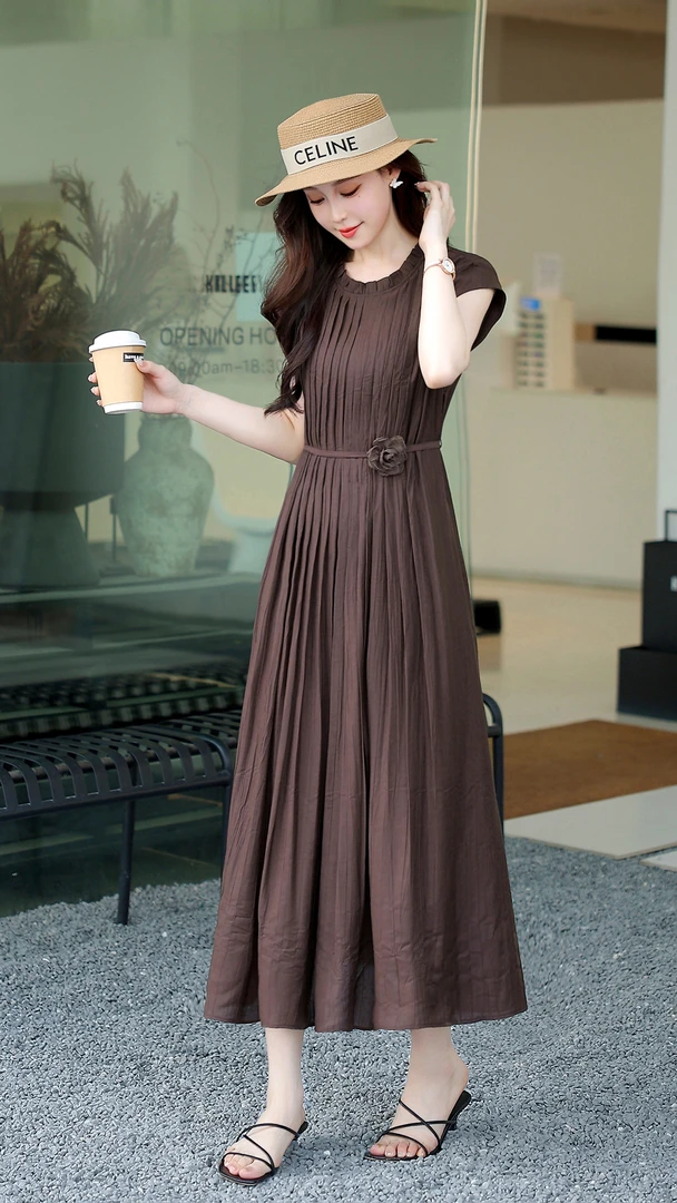 燕妮雅姿高腰静奢风拼接褶皱夏季连衣裙夏装中长款显瘦L006