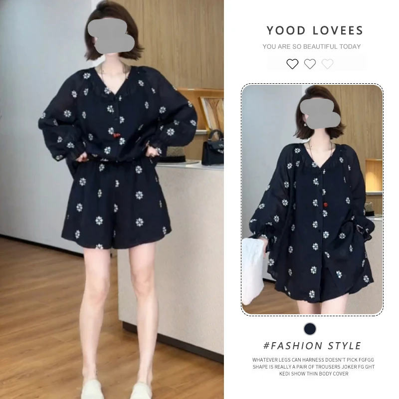 欧洲站2025夏季新款韩版百搭宽松V领中长款衬衫高腰短裤两件套潮