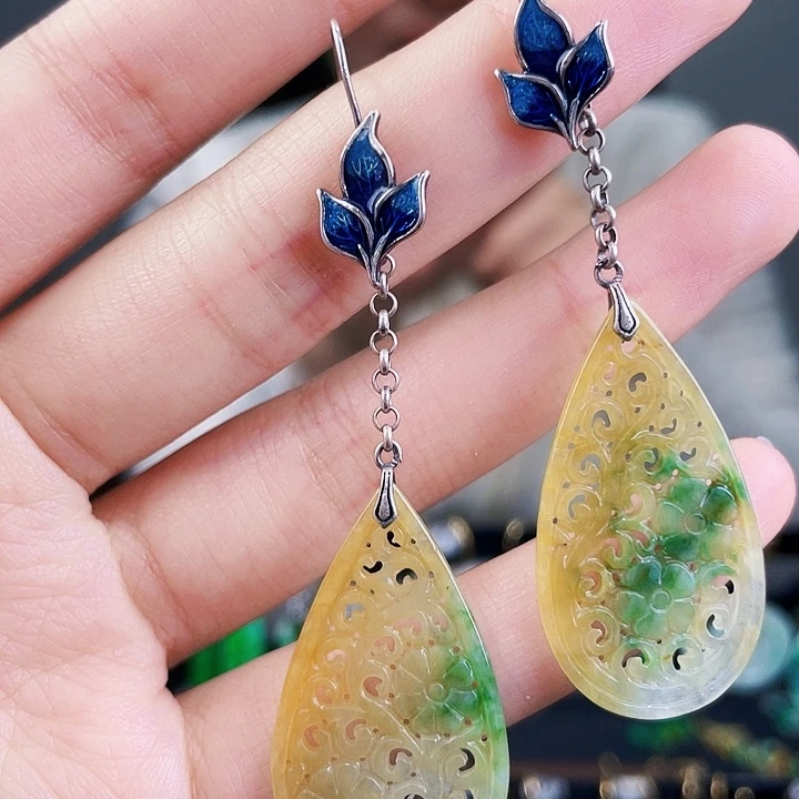 翡翠耳饰银S925镶嵌饰品