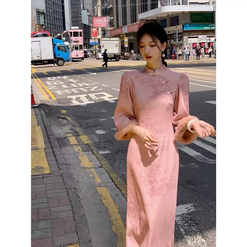 众和梦幽幽百合 新中式印花连衣裙2025秋冬显瘦气质长裙ZB240