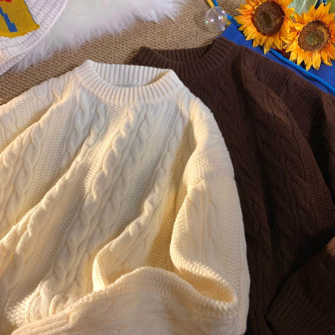 美式复古白色麻花卫衣慵懒高级感冬季外套男cleanfit慵懒风针织衫