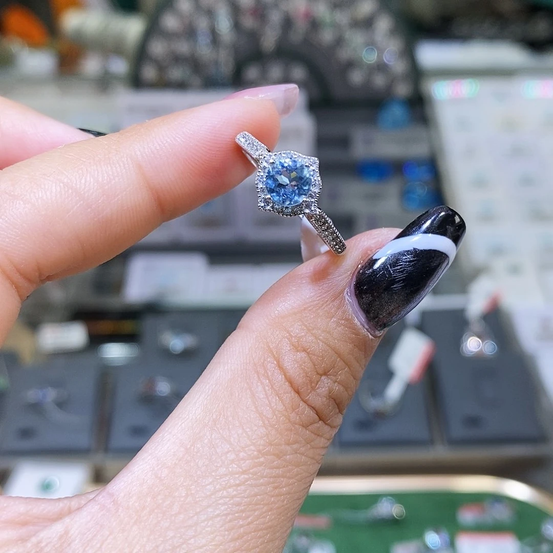 海蓝宝石戒指银S925镶嵌天然超级圣玛利亚海蓝宝