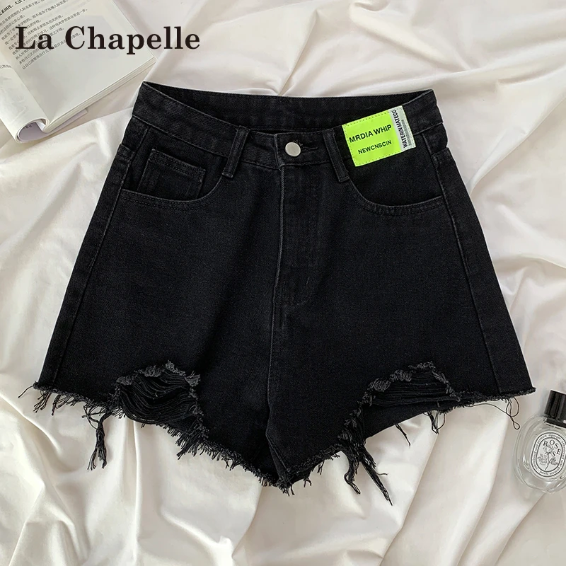 拉夏贝尔高腰毛边牛仔短裤女夏季2025新款显瘦爆款小个子a字热裤