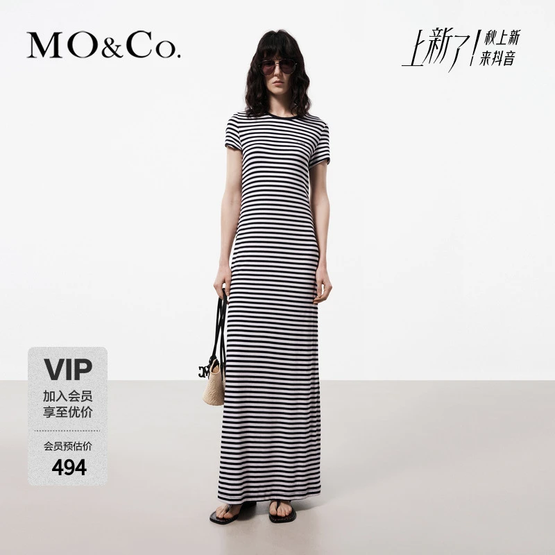 MOCO夏法式海魂风蓝白条纹短袖圆领开叉连衣裙MBD2DRS013